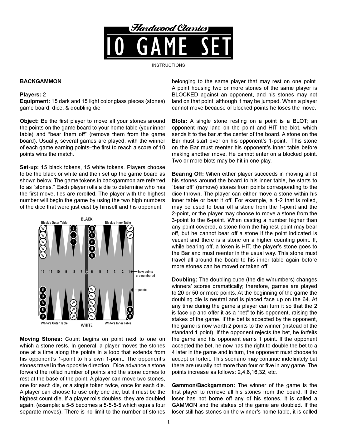 Fundex Games 10 Game Set manual Backgammon, Players 
