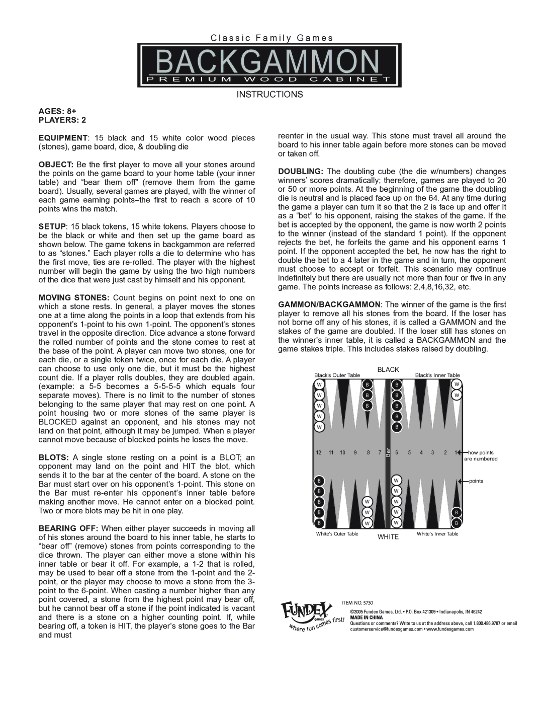 Fundex Games 5730 manual Backgammon, Instructions, Players, Black, White 