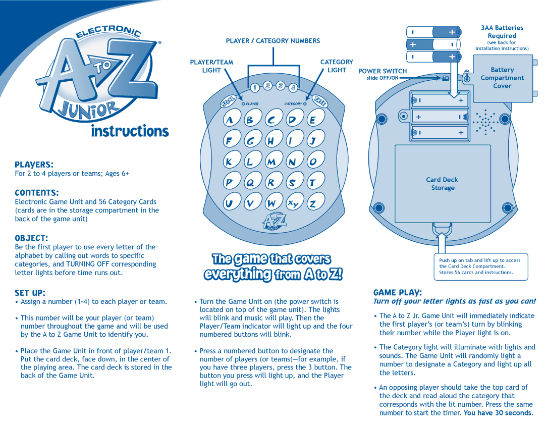 Fundex Games 2494, A To Z Jr. Electronic manual Players, Contents, Object, Set Up, Game Play 