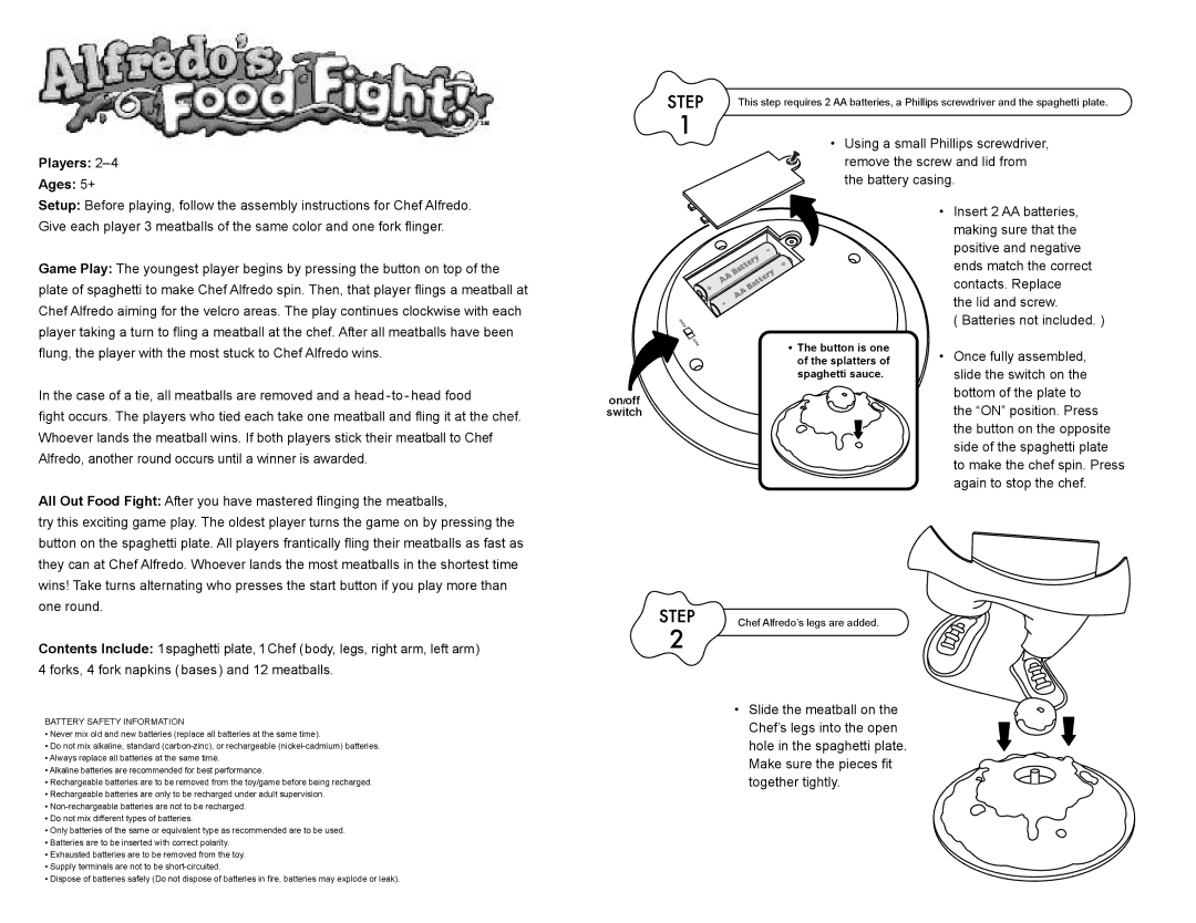 Fundex Games Alfredo's Food Fight manual Players Ages 5+, Battery Safety Information 