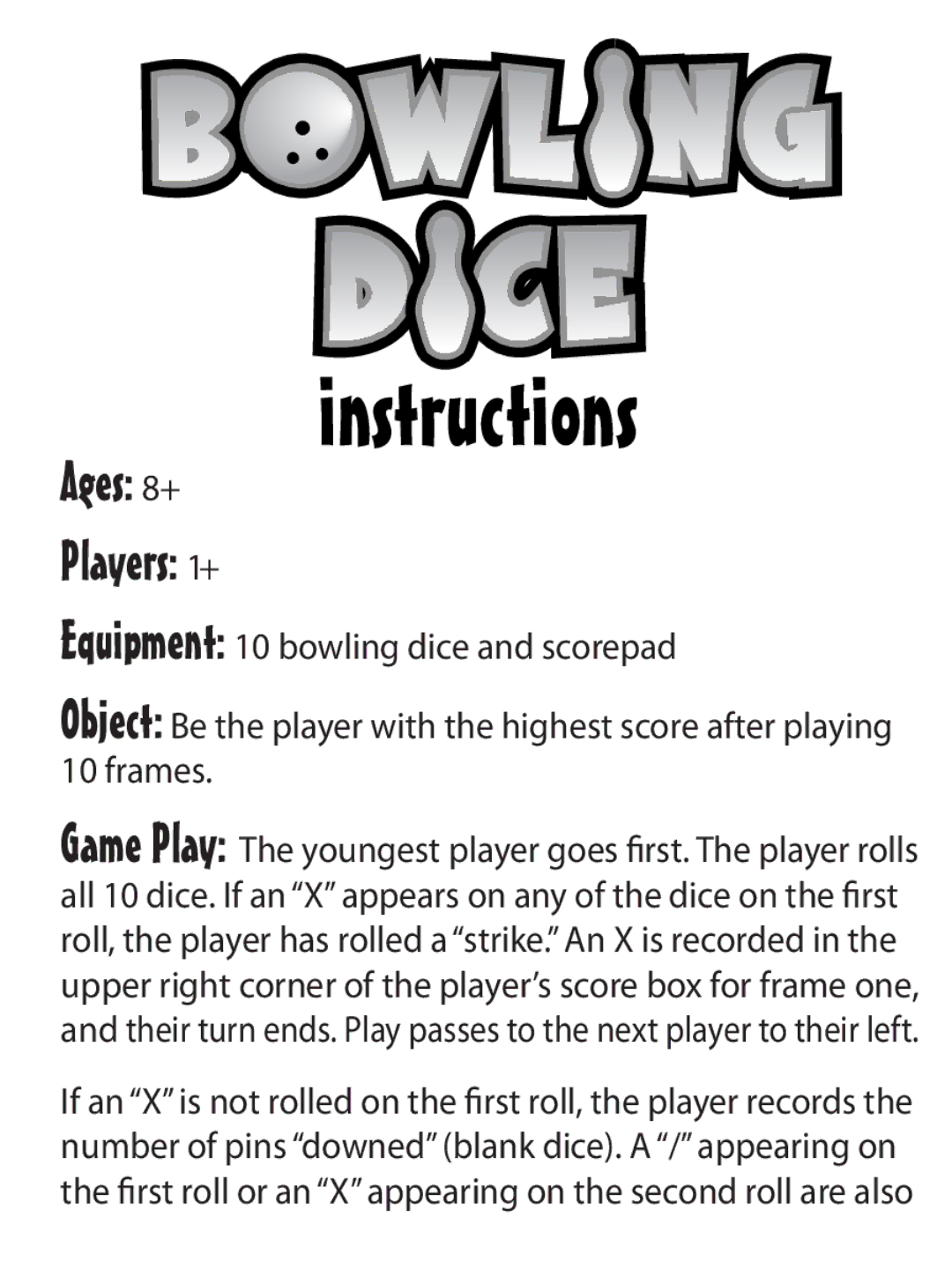 Fundex Games 2729, Bowling Dice manual Instructions, Ages 8+ Players 1+ 