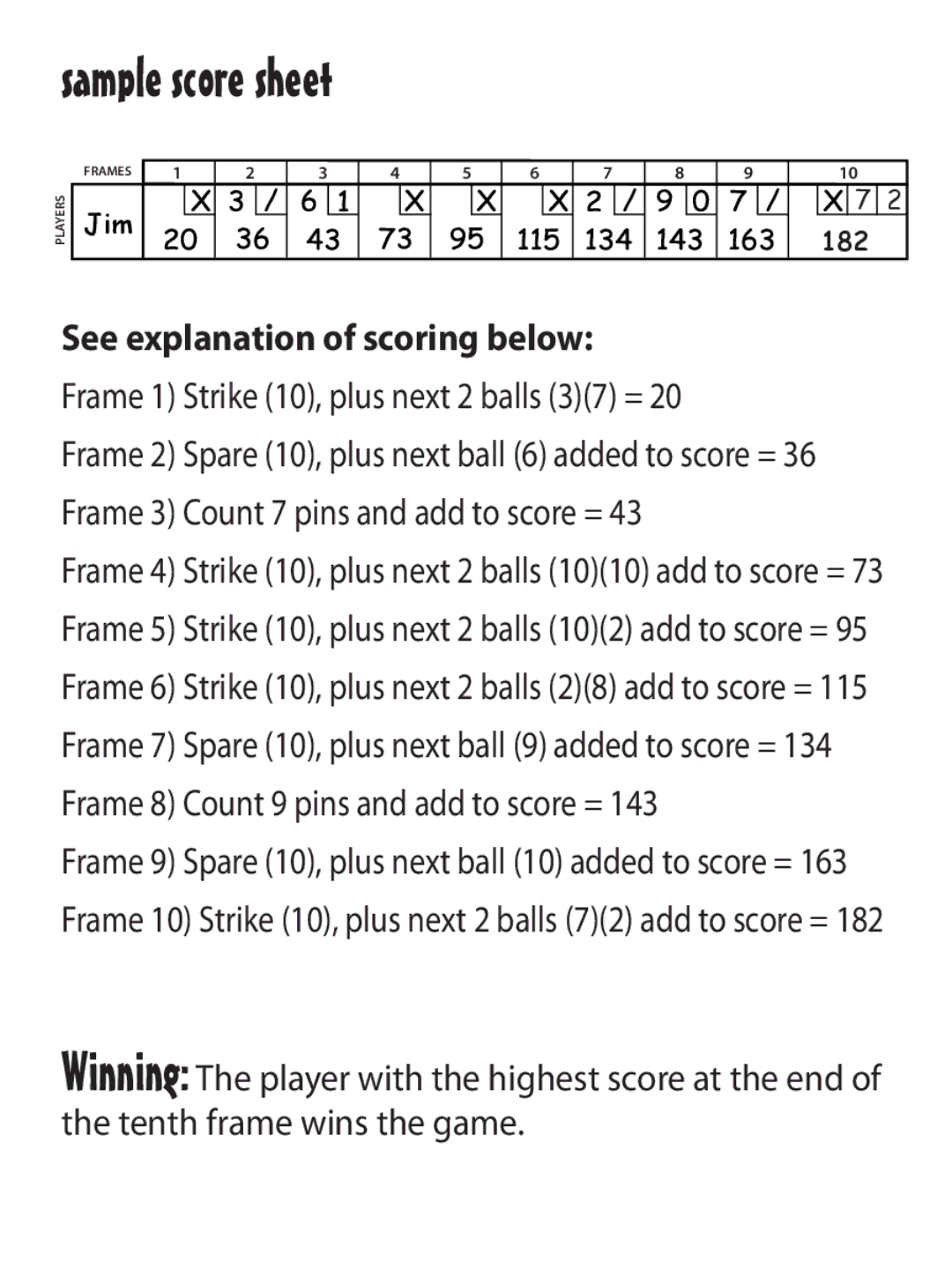 Fundex Games 2729, Bowling Dice manual Sample score sheet, See explanation of scoring below 