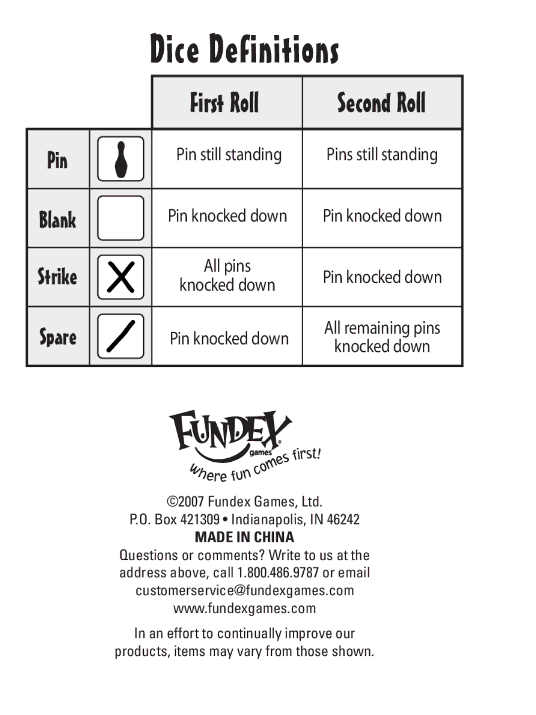 Fundex Games Bowling Dice, 2729 manual Dice Definitions 