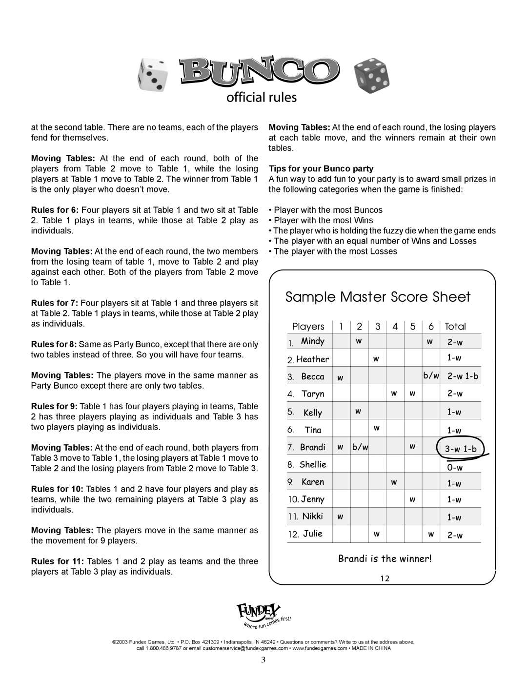 Fundex Games 3840, Bunco Party manual Tips for your Bunco party 