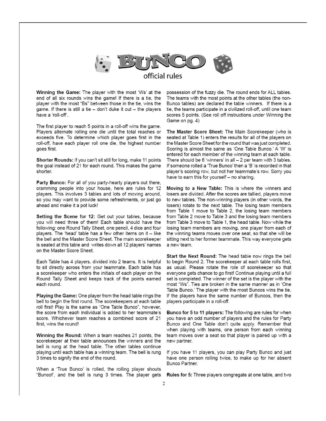 Fundex Games Bunco manual 