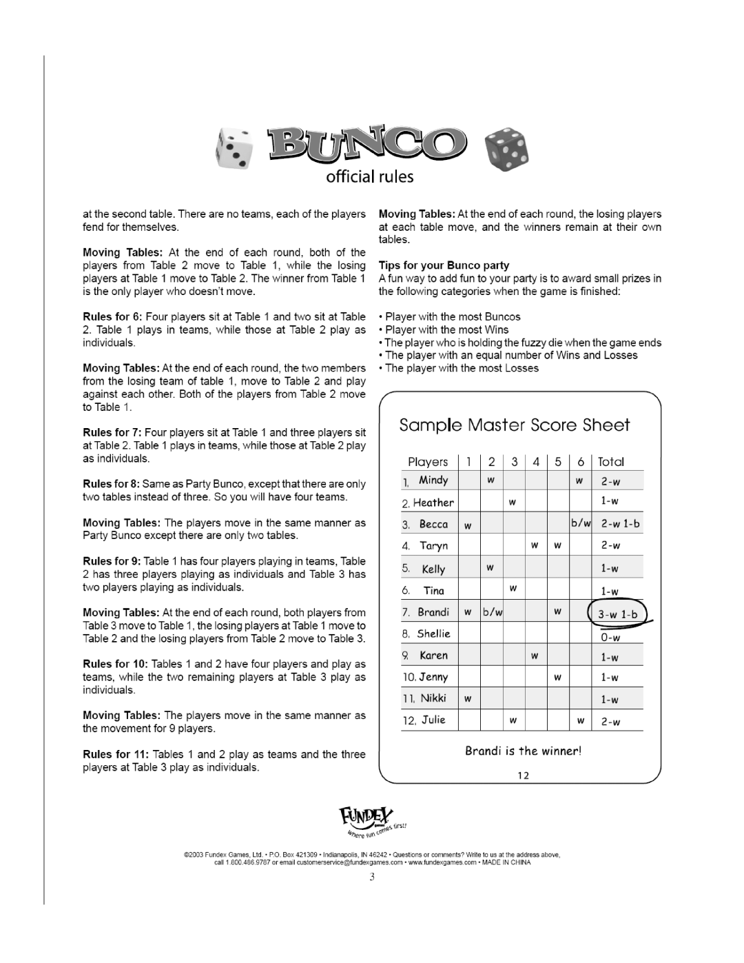 Fundex Games Bunco manual 