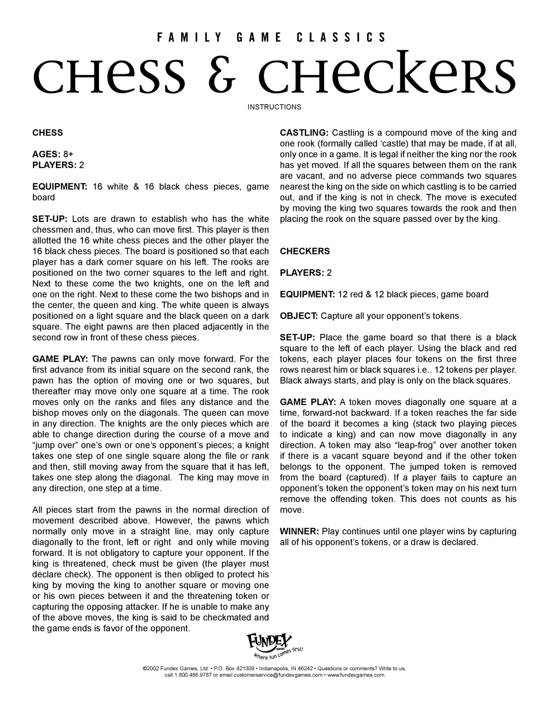 Fundex Games 2612, Chess & Checkers manual Checkers Players 