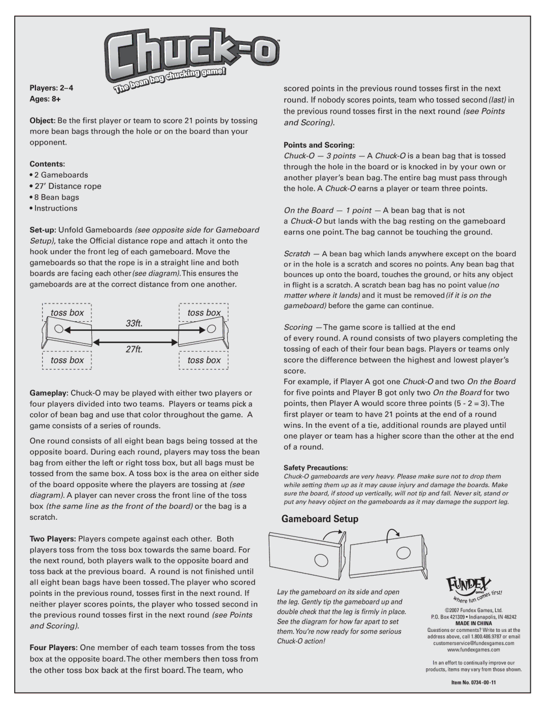 Fundex Games 0734-00-11, Chuck-O manual Gameboard Setup, 27’ Distance rope, Players Ages 8+, Contents, Points and Scoring 