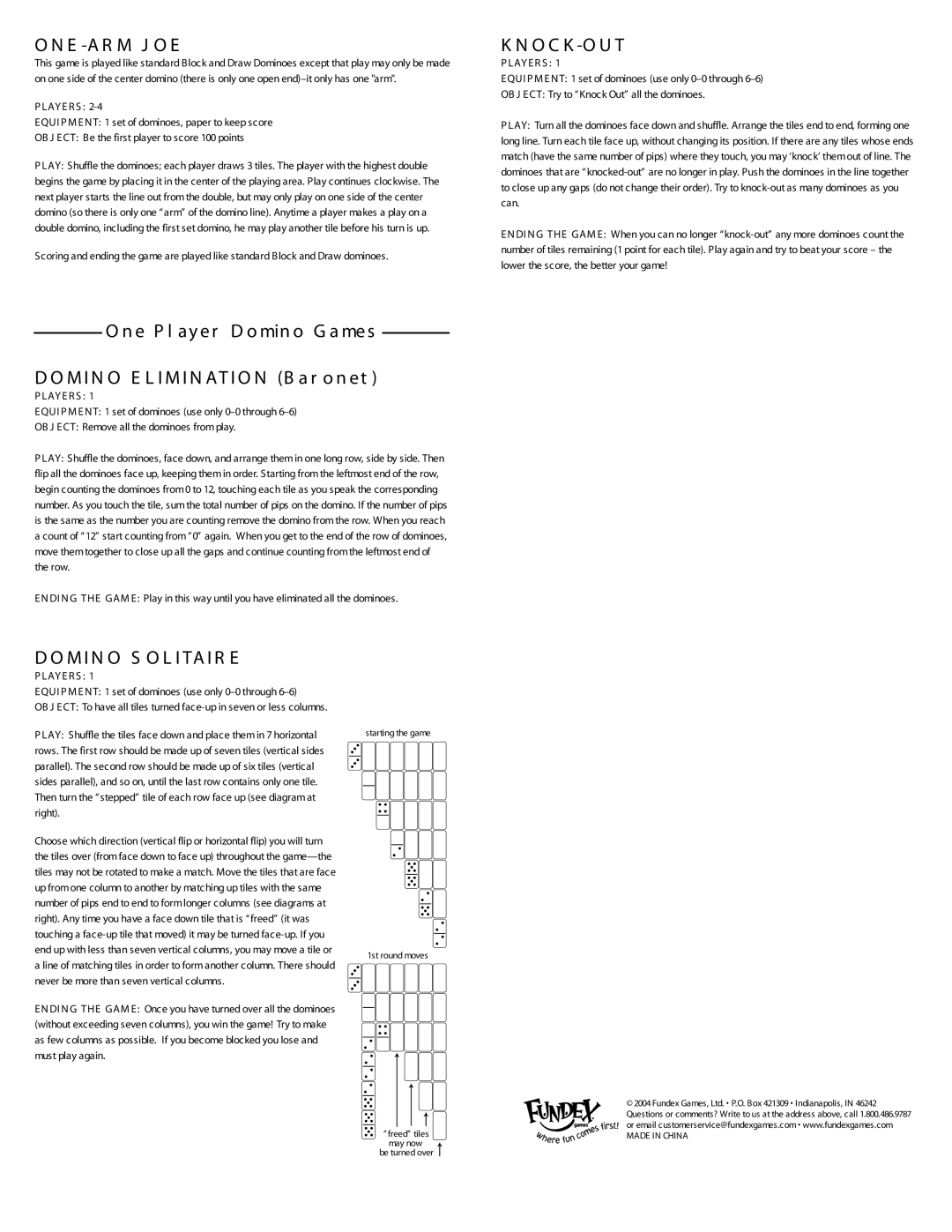 Fundex Games Double Nine Dominoes manual E -A R M J O E, O C K -O U T, M I N O S O L I Ta I R E 