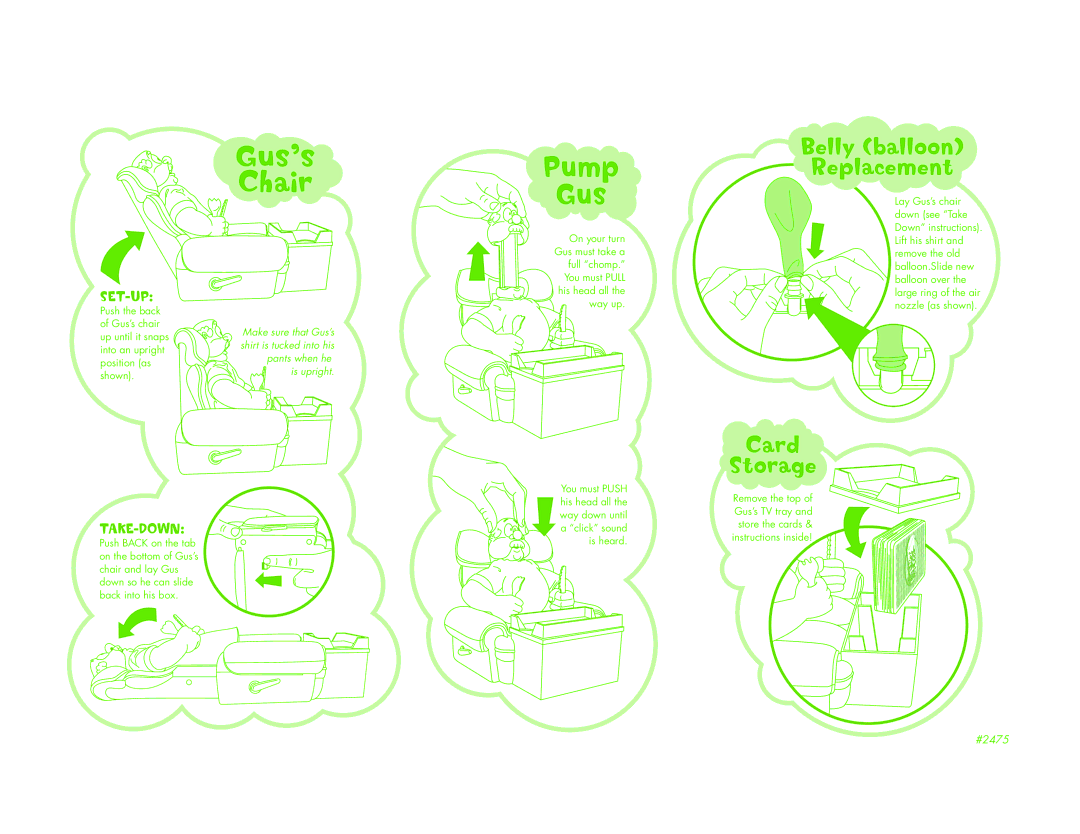 Fundex Games Gassy Gus, 2475 manual Gus’s Chair Pump, Belly balloon Replacement, Card Storage, Set-Up, Take-Down 