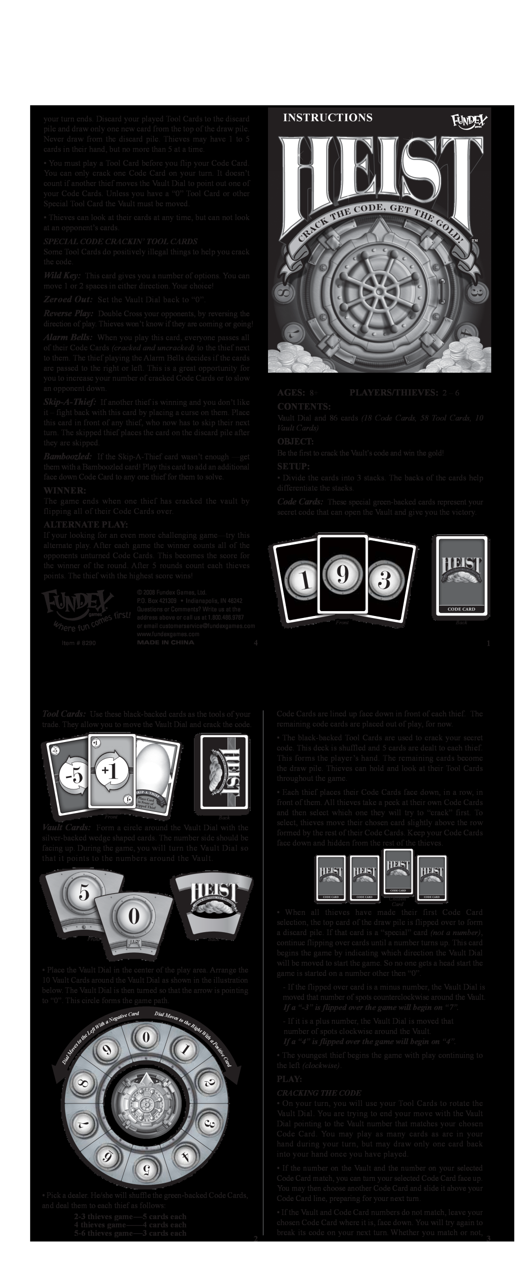 Fundex Games Heist manual Instructions, Winner, Alternate Play, AGES 8+ PLAYERS/THIEVES 2 CONTENTS, Object, Setup, De, G 