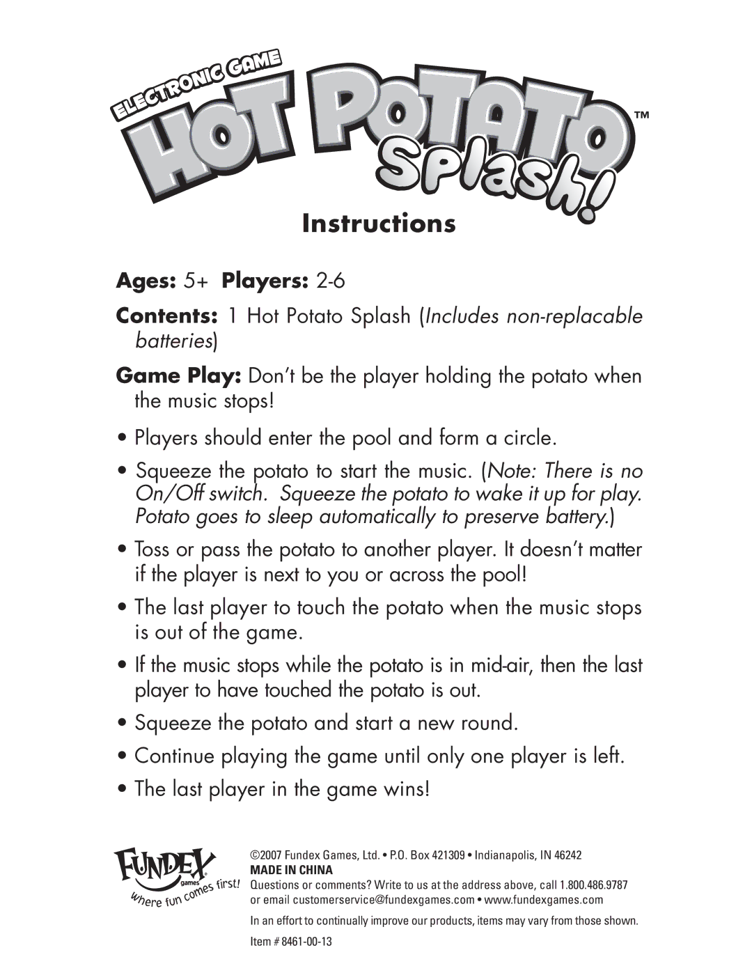 Fundex Games 8461-00-13, Hot Potato Splash manual Instructions, Ages 5+ Players 