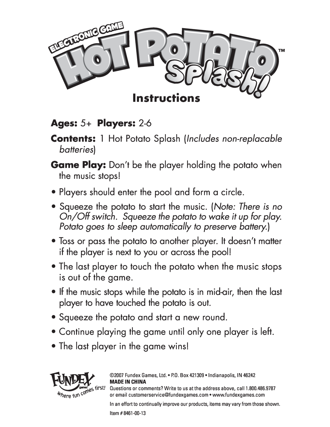 Fundex Games 8461-00-13, Hot Potato Splash manual Instructions, Ages 5+ Players 