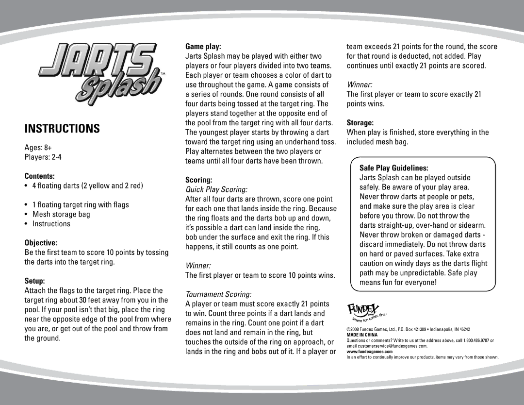 Fundex Games Jarts Splash manual Instructions 