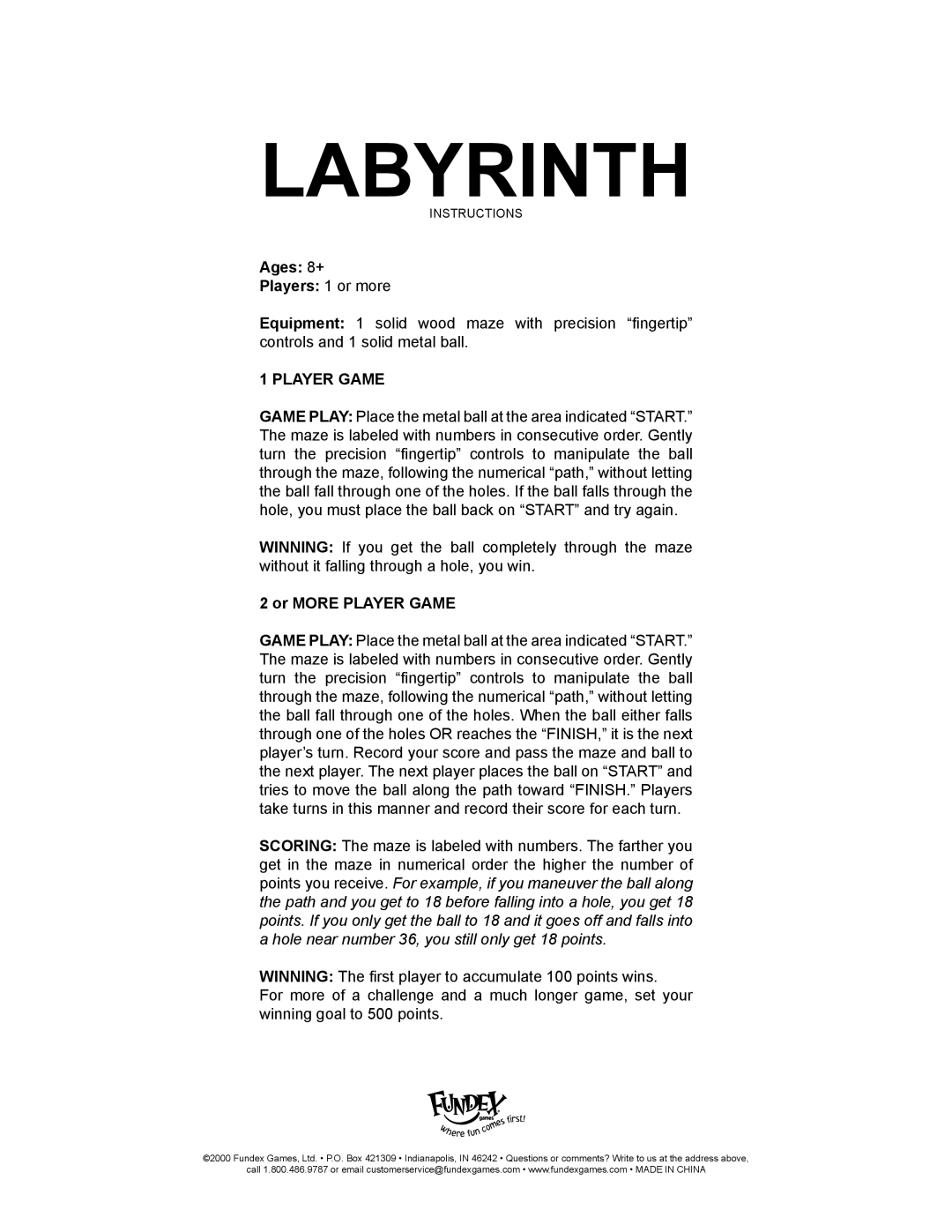 Fundex Games Labyrinth manual Ages 8+ Players 1 or more, Or More Player Game 