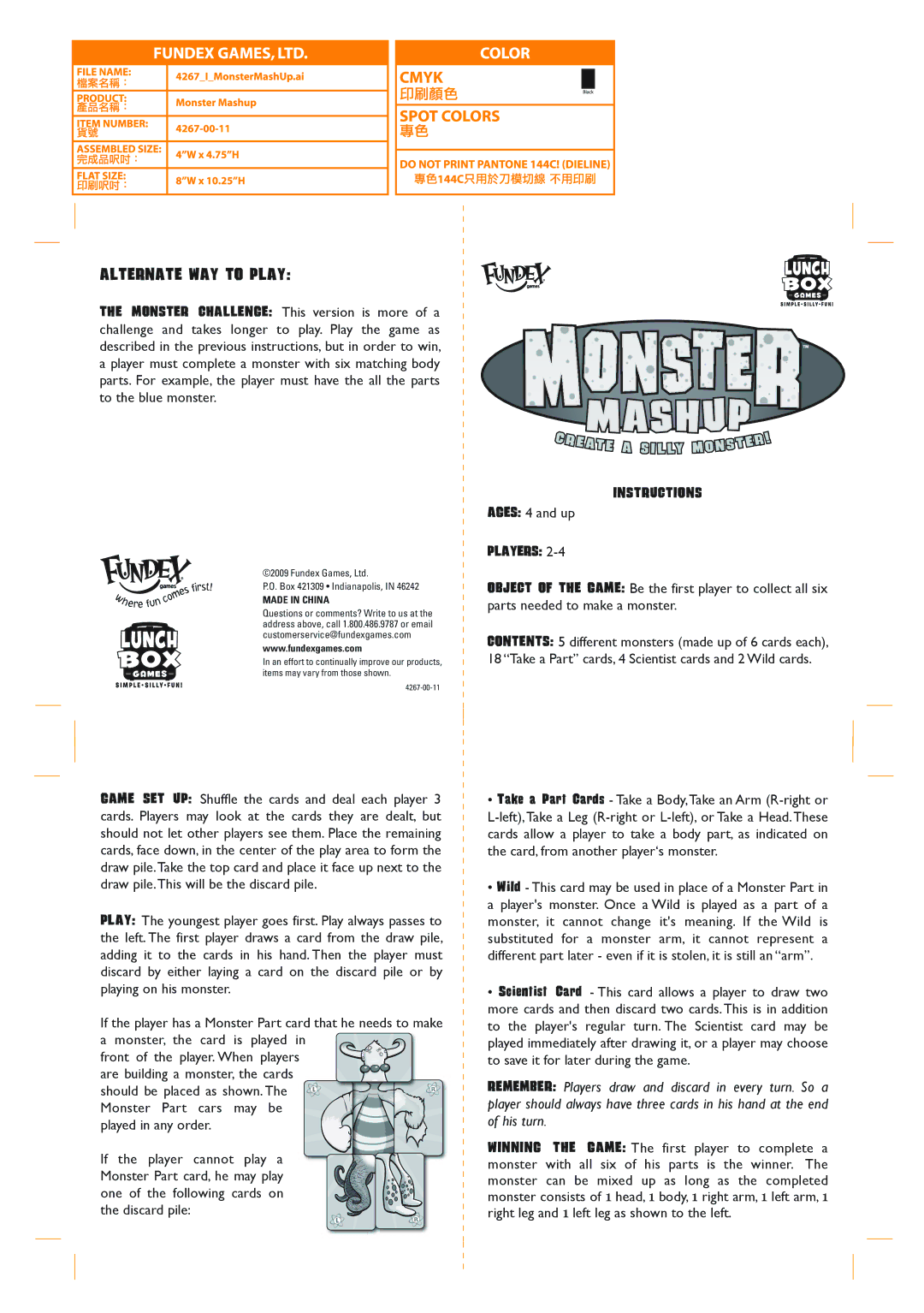 Fundex Games Monster Mashup manual Alternate WAY to Play, Instructions, Players, Made in China 