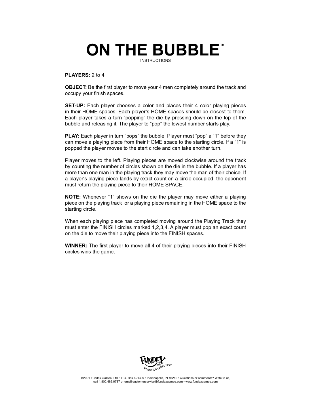 Fundex Games On the Bubble manual Players 2 to 