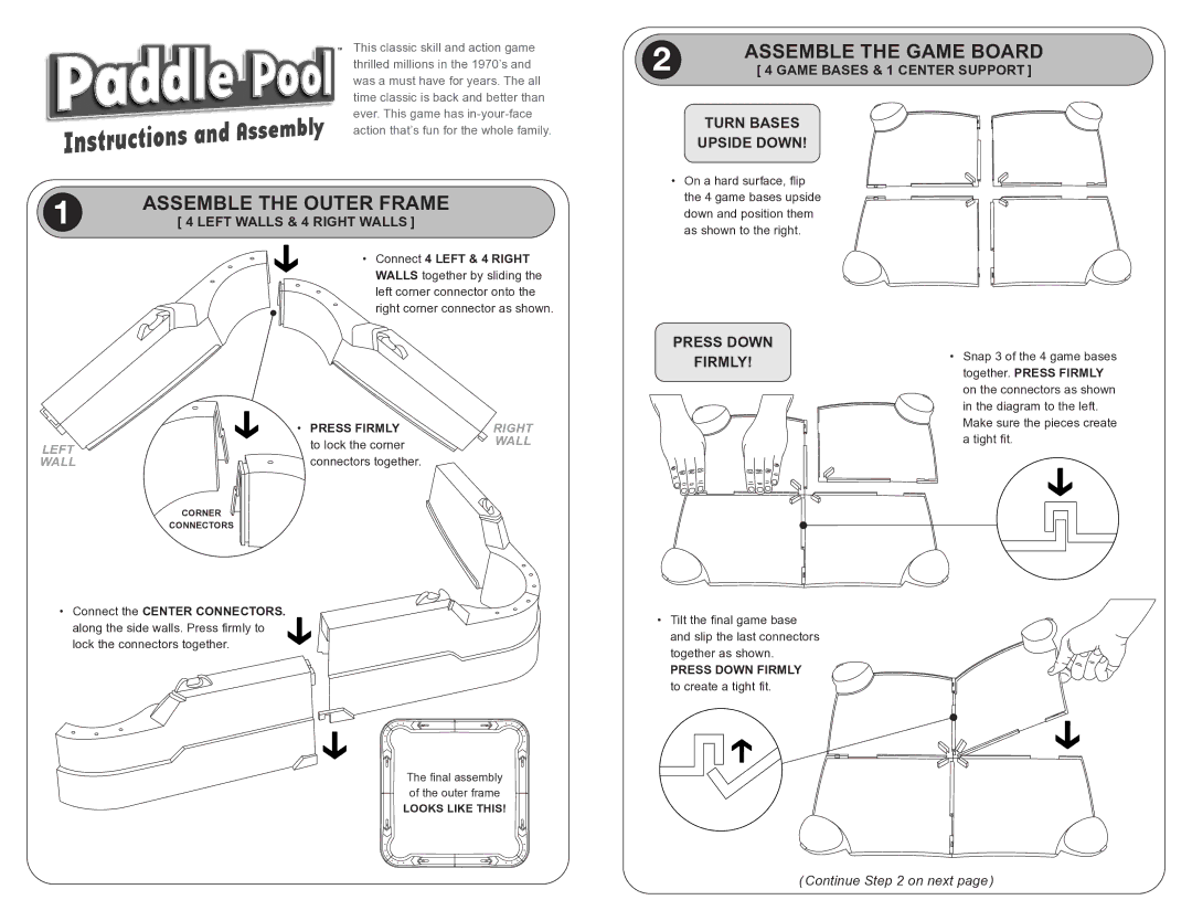 Fundex Games Paddle Pool manual Assemble the Game Board, Assemble the Outer Frame, Turn Bases Upside Down 