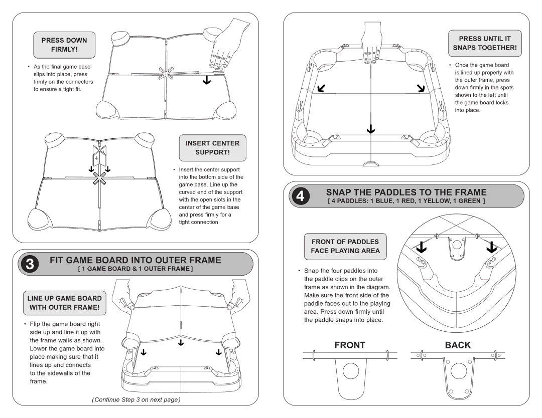 Fundex Games Paddle Pool manual FIT Game Board Into Outer Frame, Snap the Paddles to the Frame, Frontback 