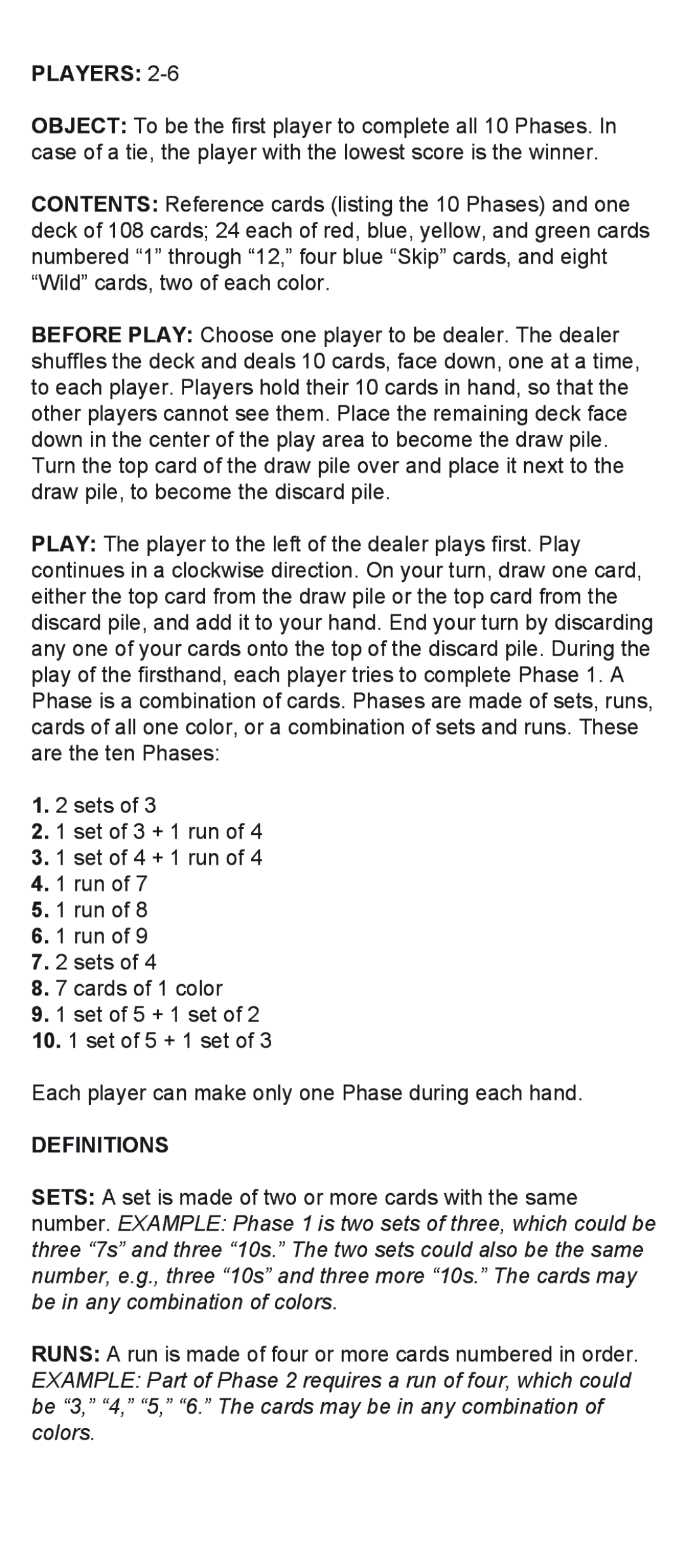 Fundex Games Phase 10 Deluxe manual Players, Definitions 