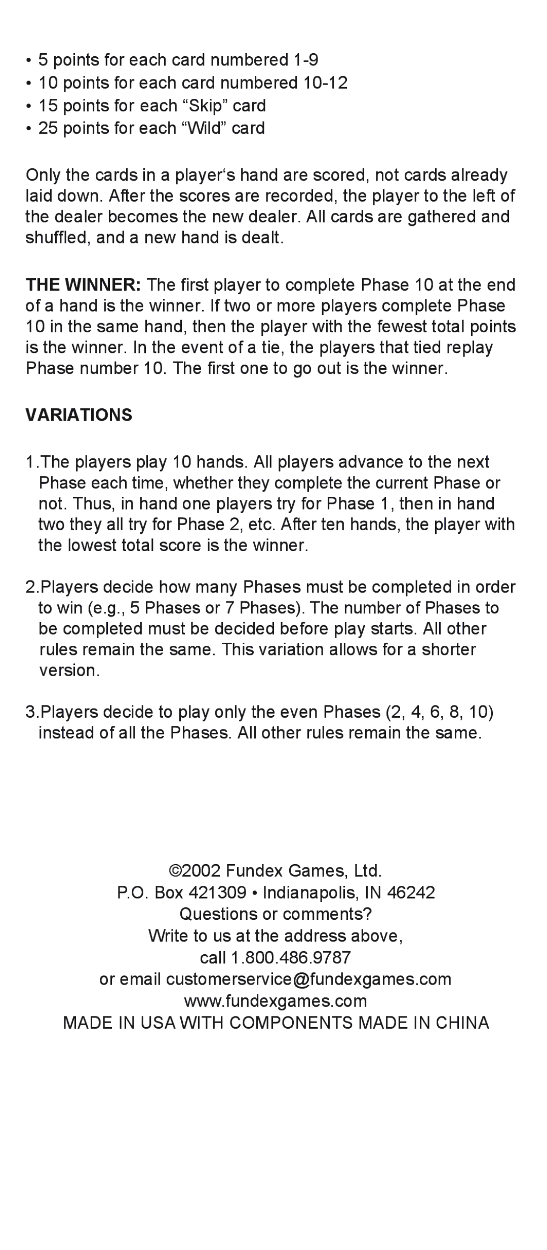 Fundex Games Phase 10 Deluxe manual Variations 