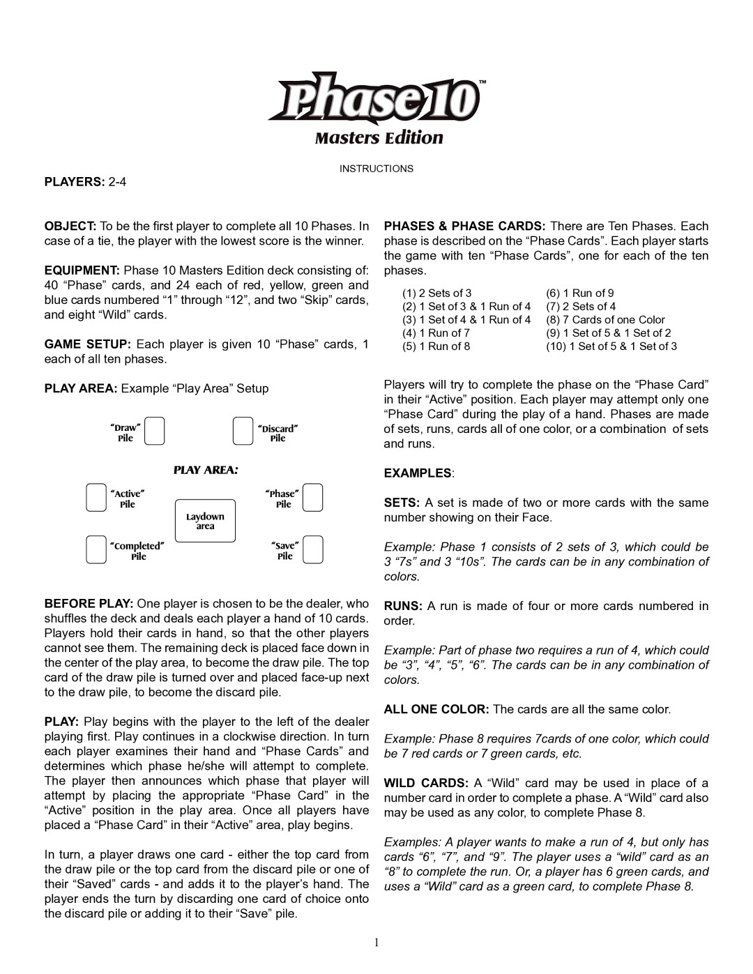 Fundex Games Phase 10 Masters Edition in Tin manual Players, Examples 