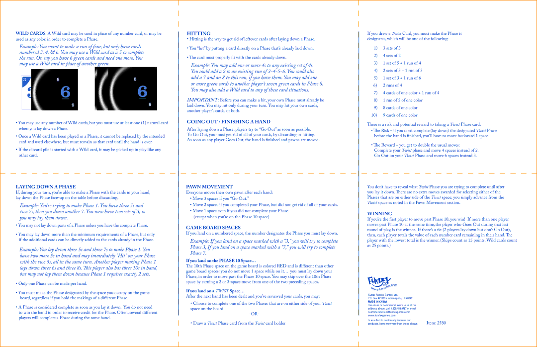 Fundex Games Phase 10 Twist Laying Down a Phase, Hitting, Going OUT / Finishing a Hand, Pawn Movement, Game Board Spaces 