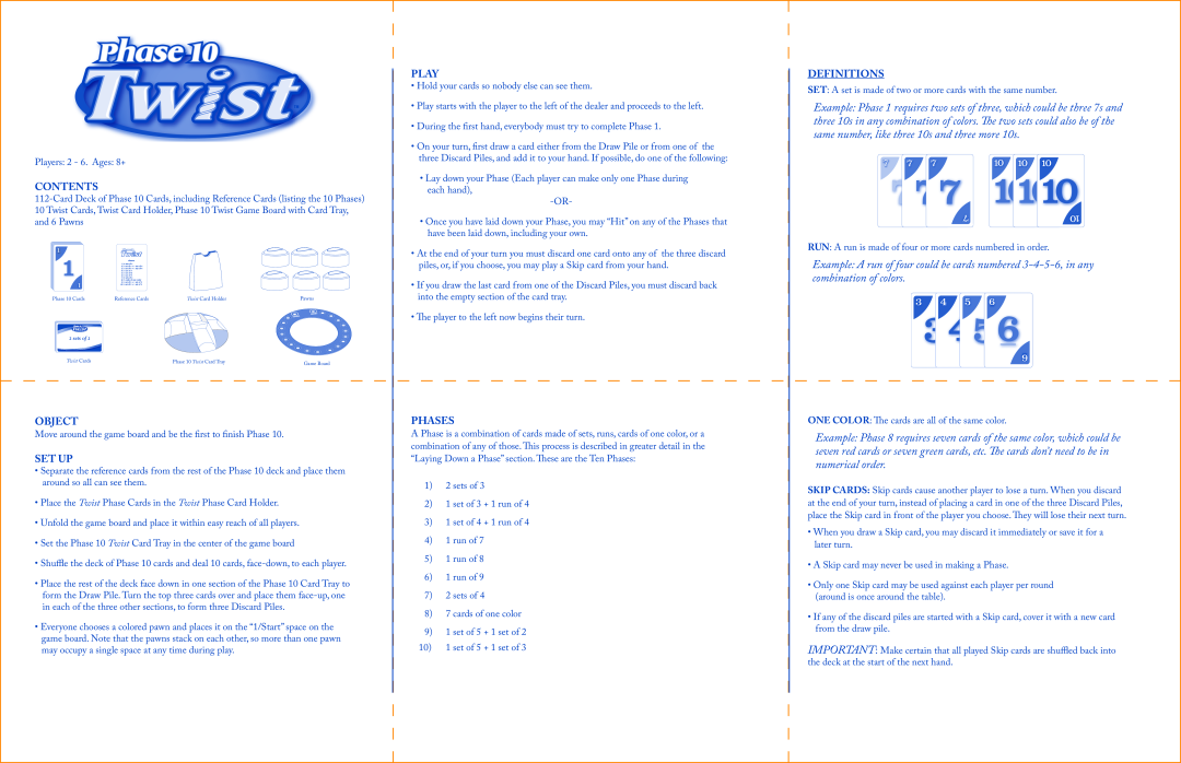 Fundex Games Phase 10 Twist manual Contents, Object, Set Up, Play, Phases, Definitions 