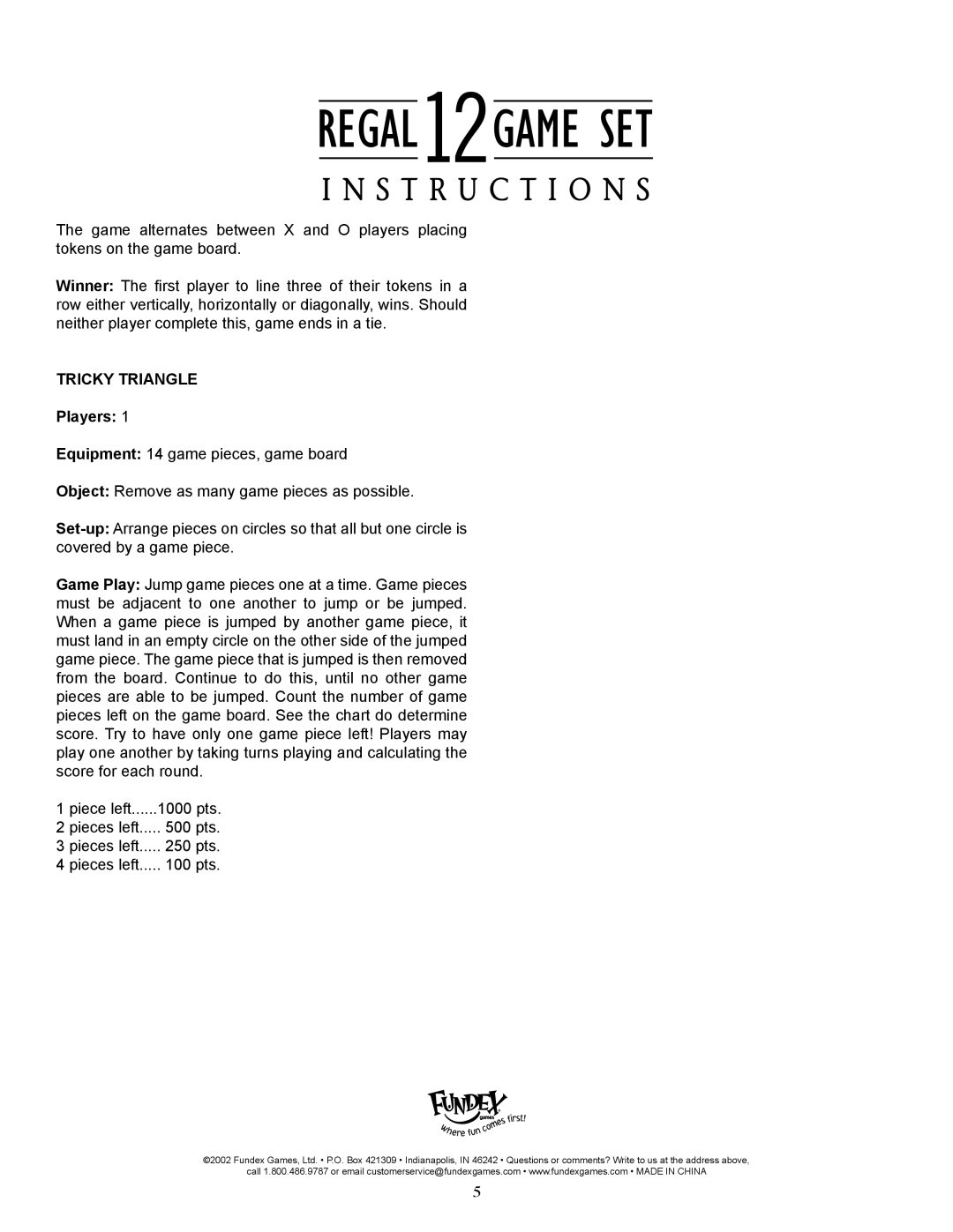 Fundex Games Regal 12 Backgammon manual Tricky Triangle 