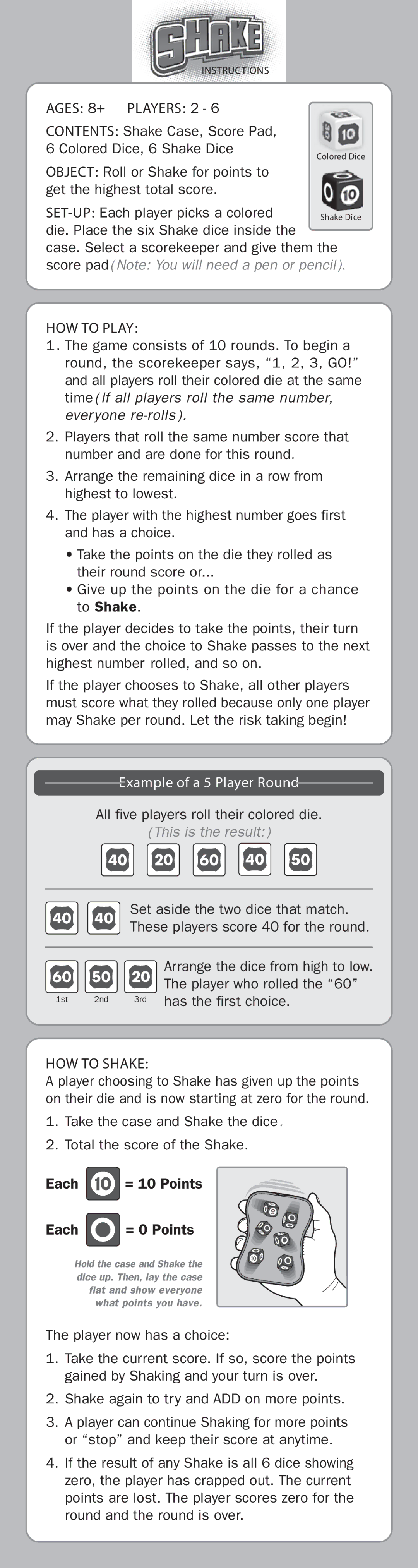 Fundex Games Shake manual Each = 10 Points Each = 0 Points, All five players roll their colored die 