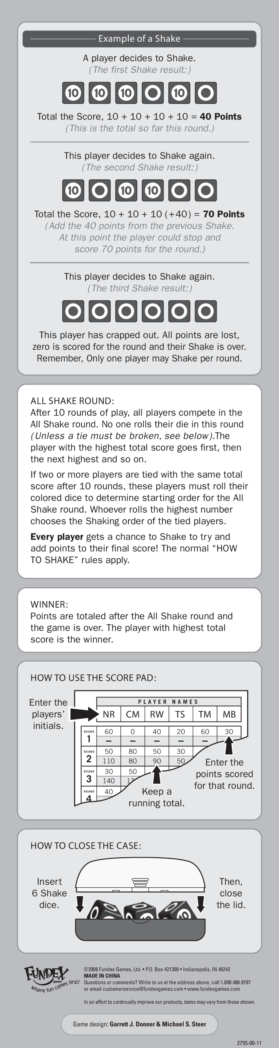 Fundex Games manual Player decides to Shake, Total the Score, 10 + 10 + 10 + 10 = 40 Points, Enter, Players’ Initials 