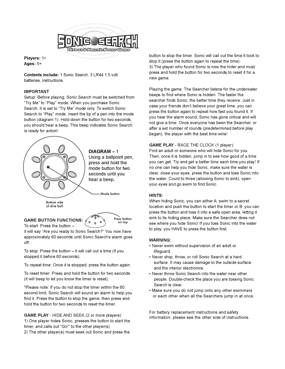 Fundex Games Sonic Search manual Diagram, Players 1+ Ages 5+, Game Button Functions, Hints 