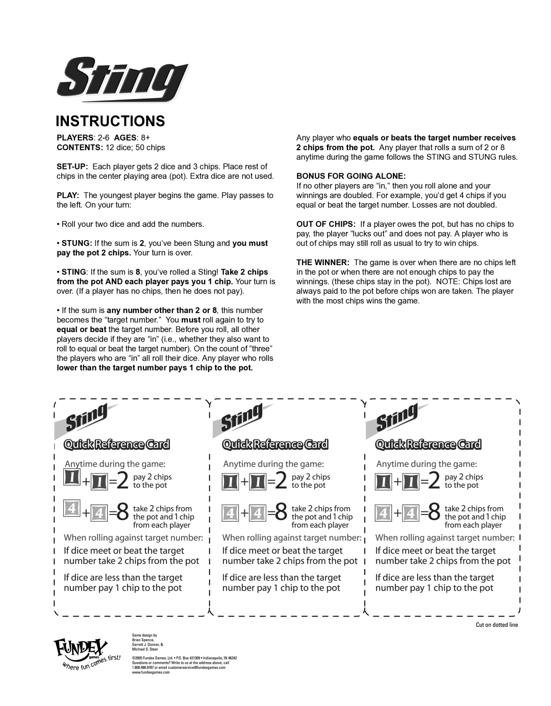 Fundex Games Sting manual Instructions, Players 2-6AGES 8+, Bonus for Going Alone 