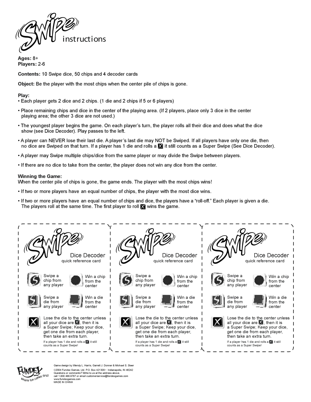 Fundex Games Swipe manual Instructions, Dice Decoder, Ages 8+ Players, Winning the Game 