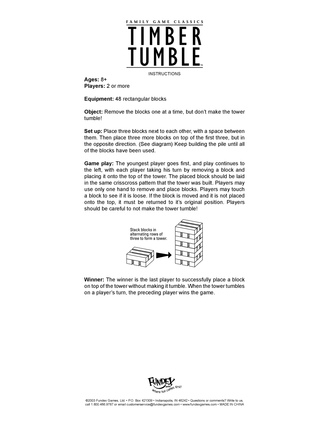 Fundex Games Timber Tumble manual Ages 8+ Players 2 or more 