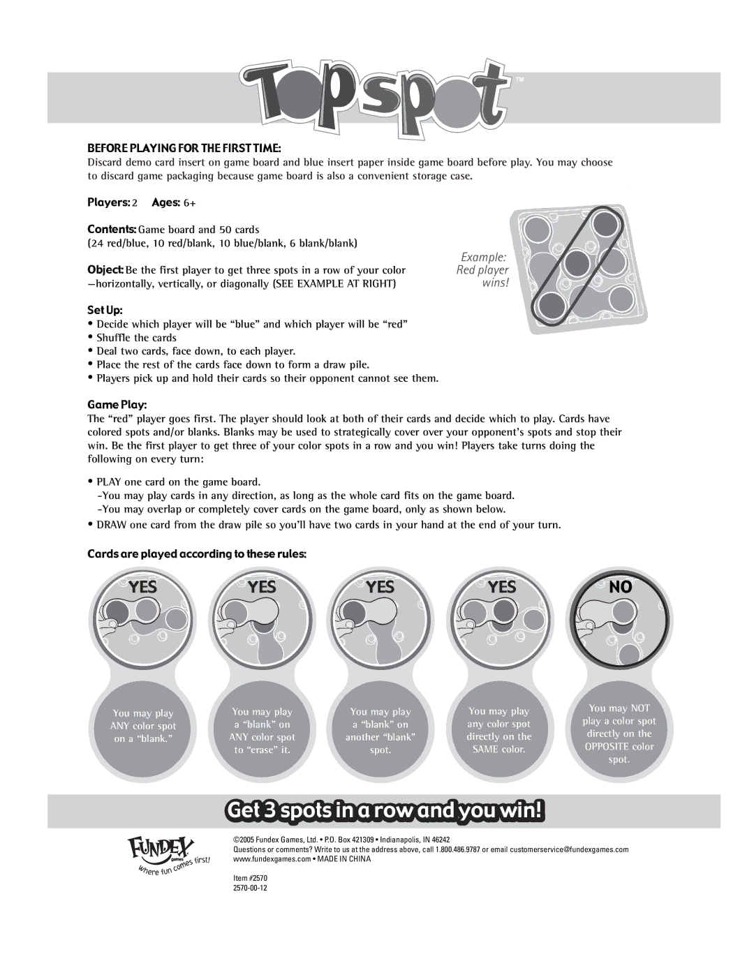 Fundex Games 2570, Top Spot manual Yes, Wins, Example, You may play ANY color spot on a blank 