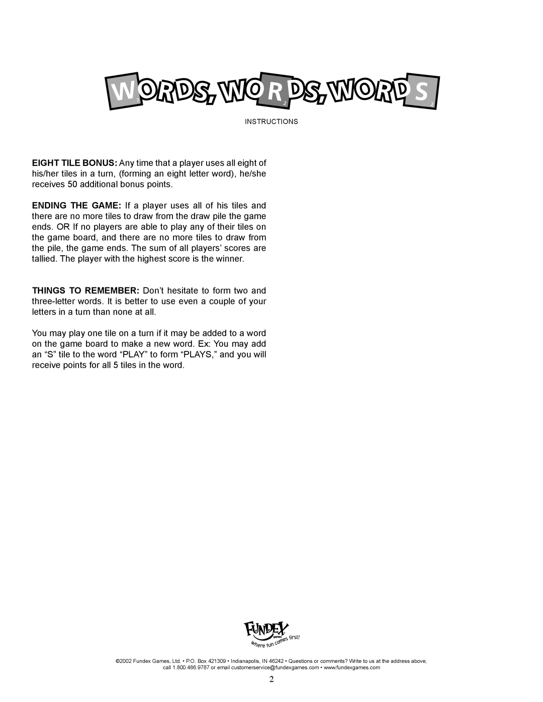 Fundex Games Words manual Instructions 