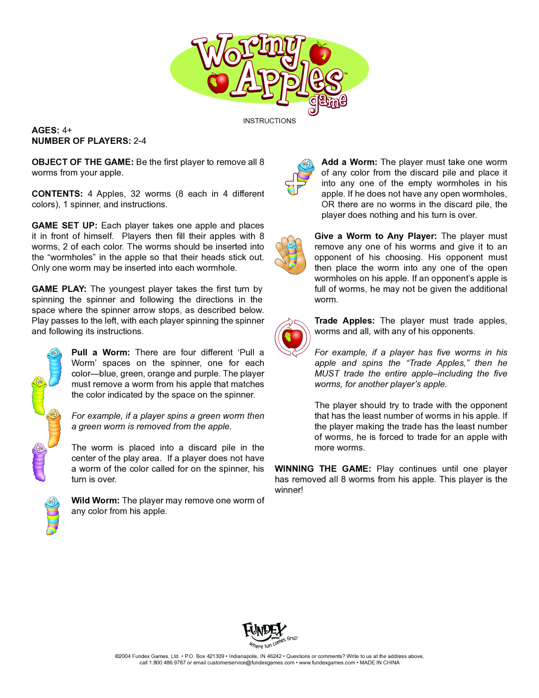 Fundex Games Wormy Apples manual Number of Players 