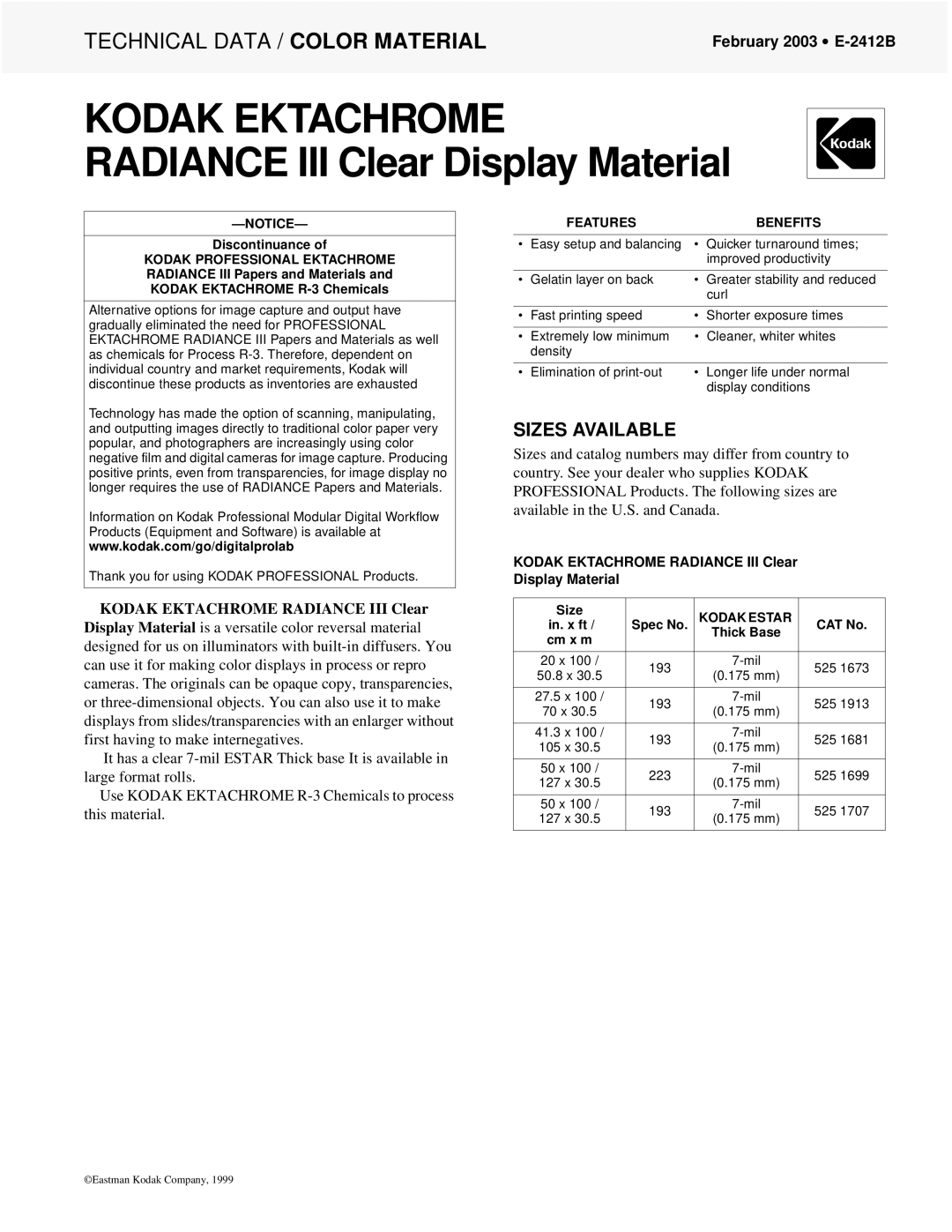 Furitechnics E-2412B manual Sizes Available, Kodak Ektachrome Radiance III Clear Display Material, Discontinuance 