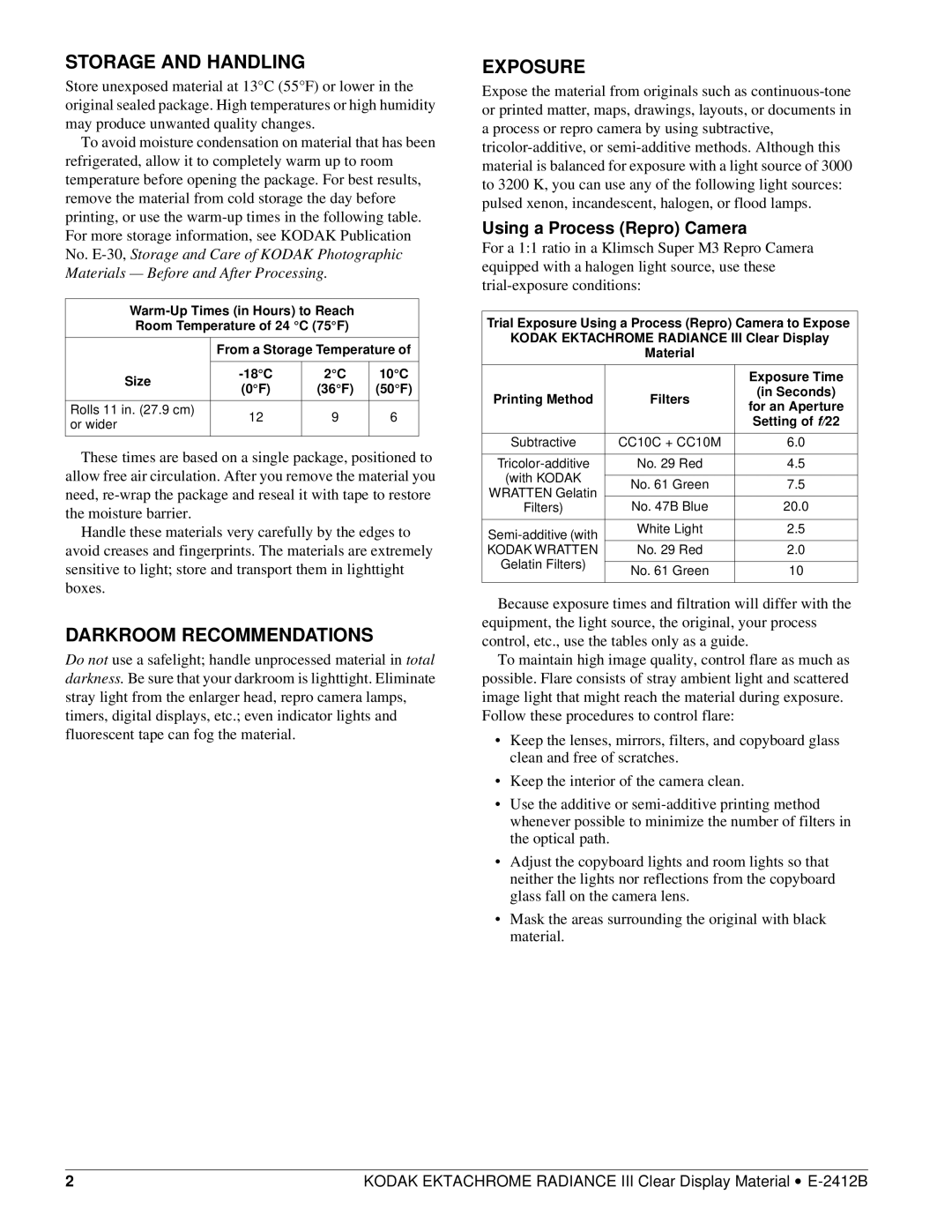 Furitechnics E-2412B manual Storage and Handling, Darkroom Recommendations, Exposure, Using a Process Repro Camera 