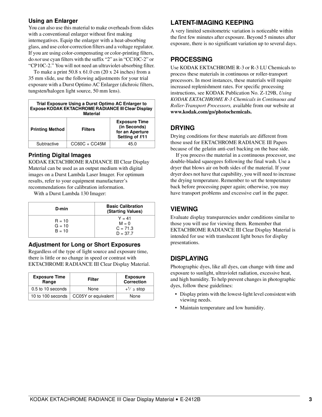 Furitechnics E-2412B manual LATENT-IMAGING Keeping, Processing, Drying, Viewing, Displaying 