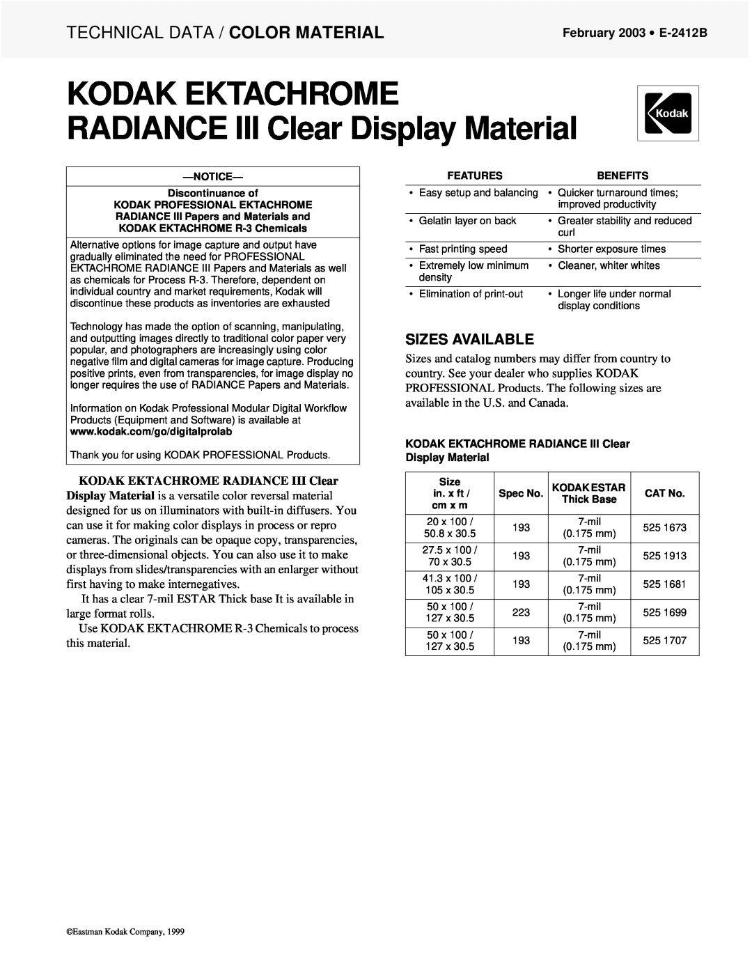 Furitechnics manual Sizes Available, KODAK EKTACHROME RADIANCE III Clear Display Material, February 2003 E-2412B 