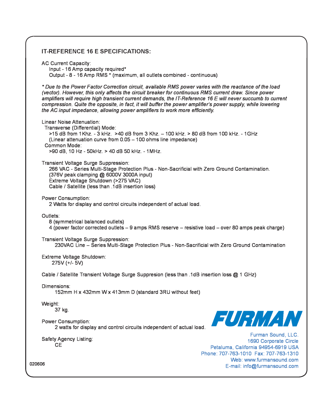 Furman Sound owner manual IT-REFERENCE 16 E owner’s manual, IT-REFERENCE 16 E SPECIFICATIONS, Safety Agency Listing 
