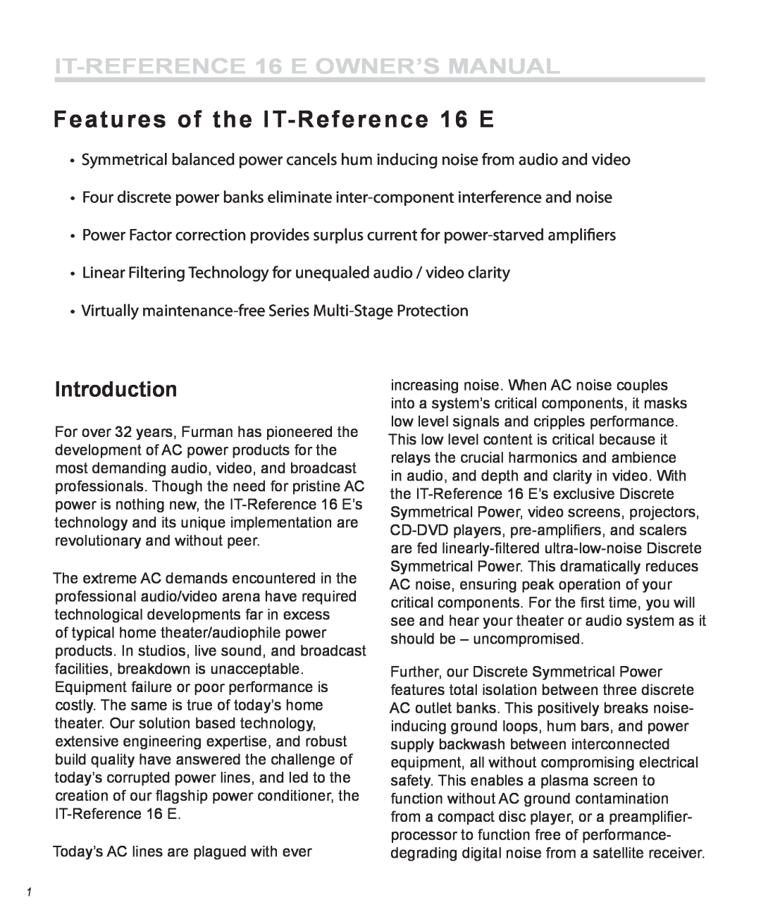 Furman Sound owner manual Introduction, Features of the IT-Reference 16 E, IT-REFERENCE 16 E owner’s manual 