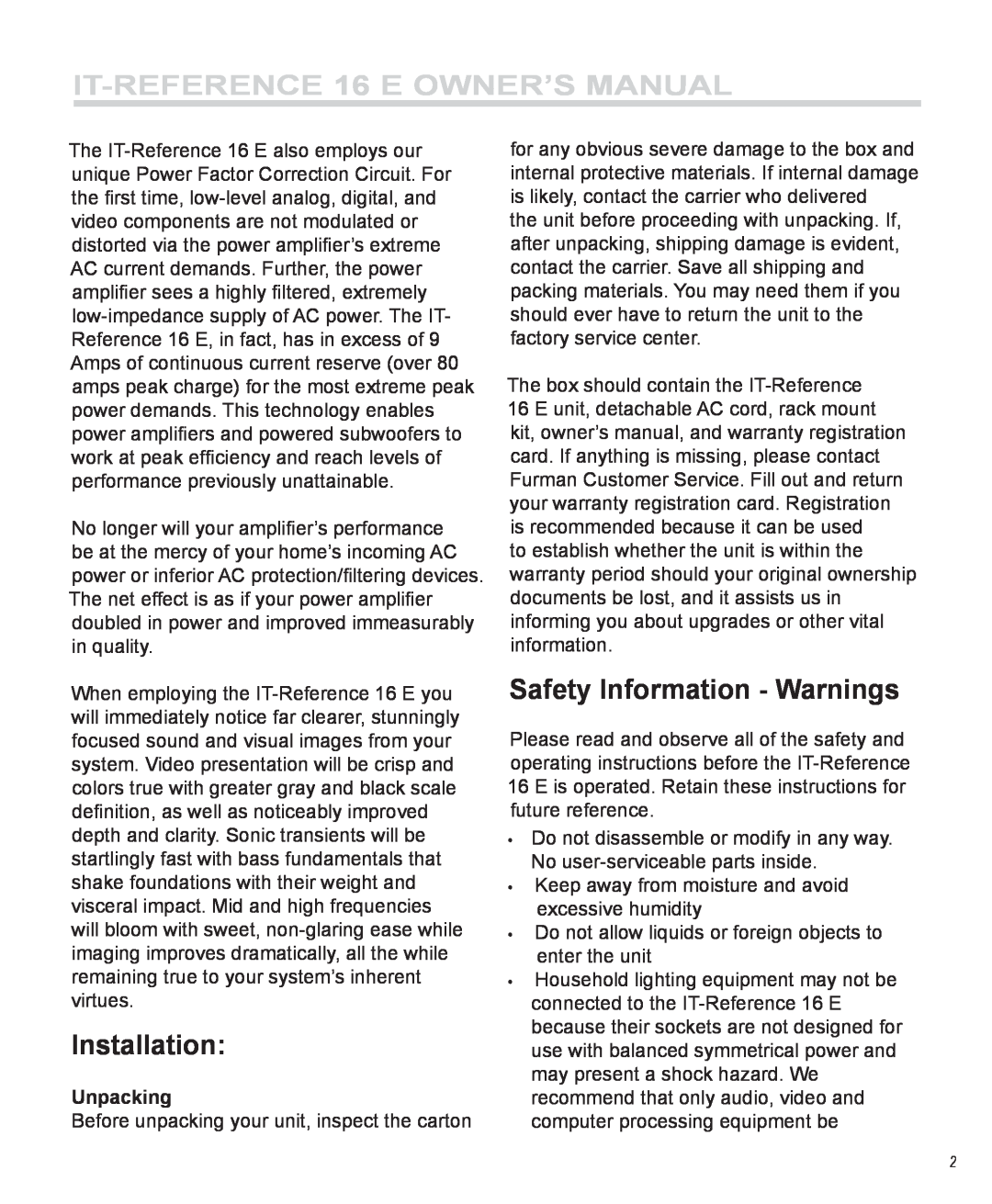 Furman Sound owner manual Installation, Safety Information - Warnings, IT-REFERENCE 16 E owner’s manual, Unpacking 