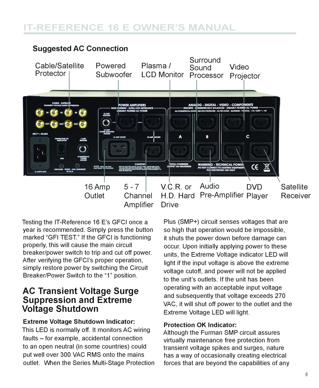 Furman Sound 16 E owner manual AC Transient Voltage Surge Suppression and Extreme Voltage Shutdown, Suggested AC Connection 
