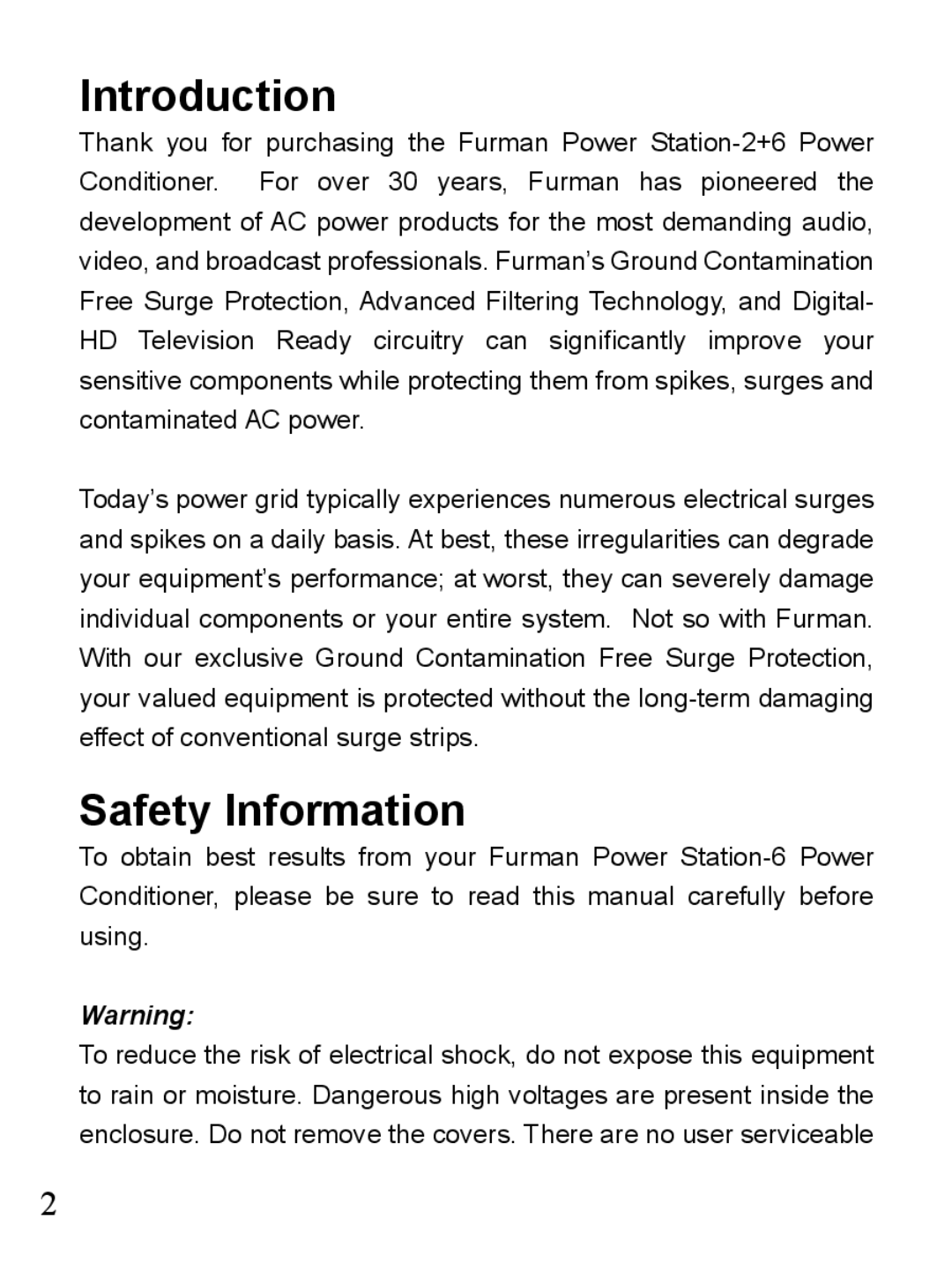 Furman Sound 2+6 owner manual Introduction, Safety Information 