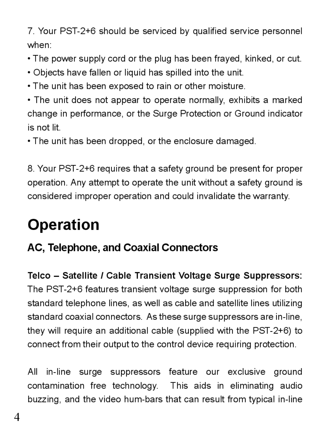 Furman Sound 2+6 owner manual Operation, Telco Satellite / Cable Transient Voltage Surge Suppressors 