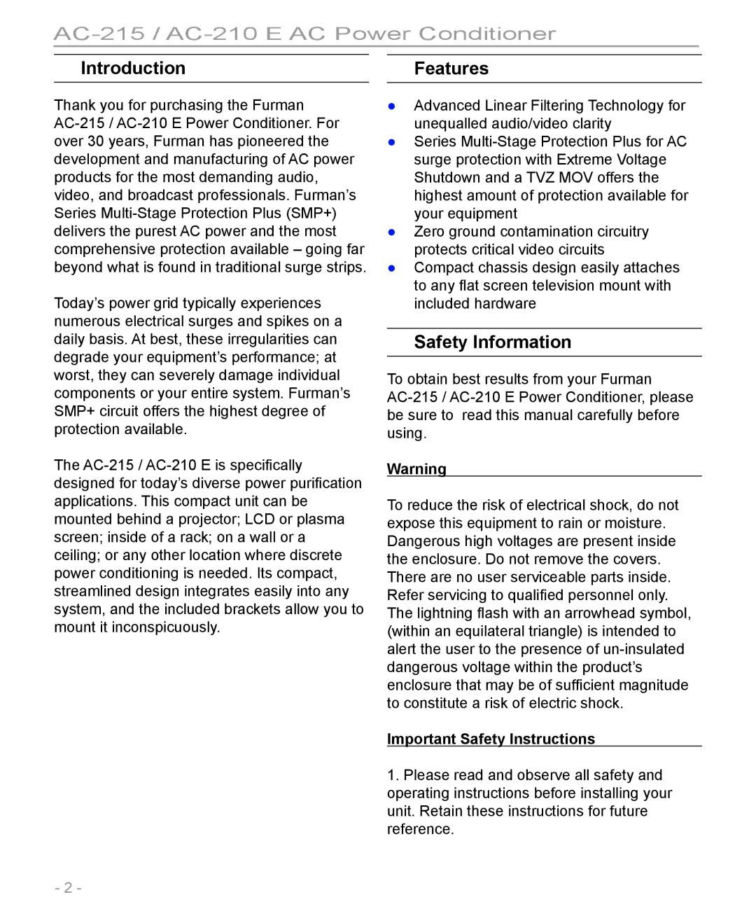 Furman Sound AC-210 E, AC-215 manual Introduction, Features, Safety Information, Important Safety Instructions 