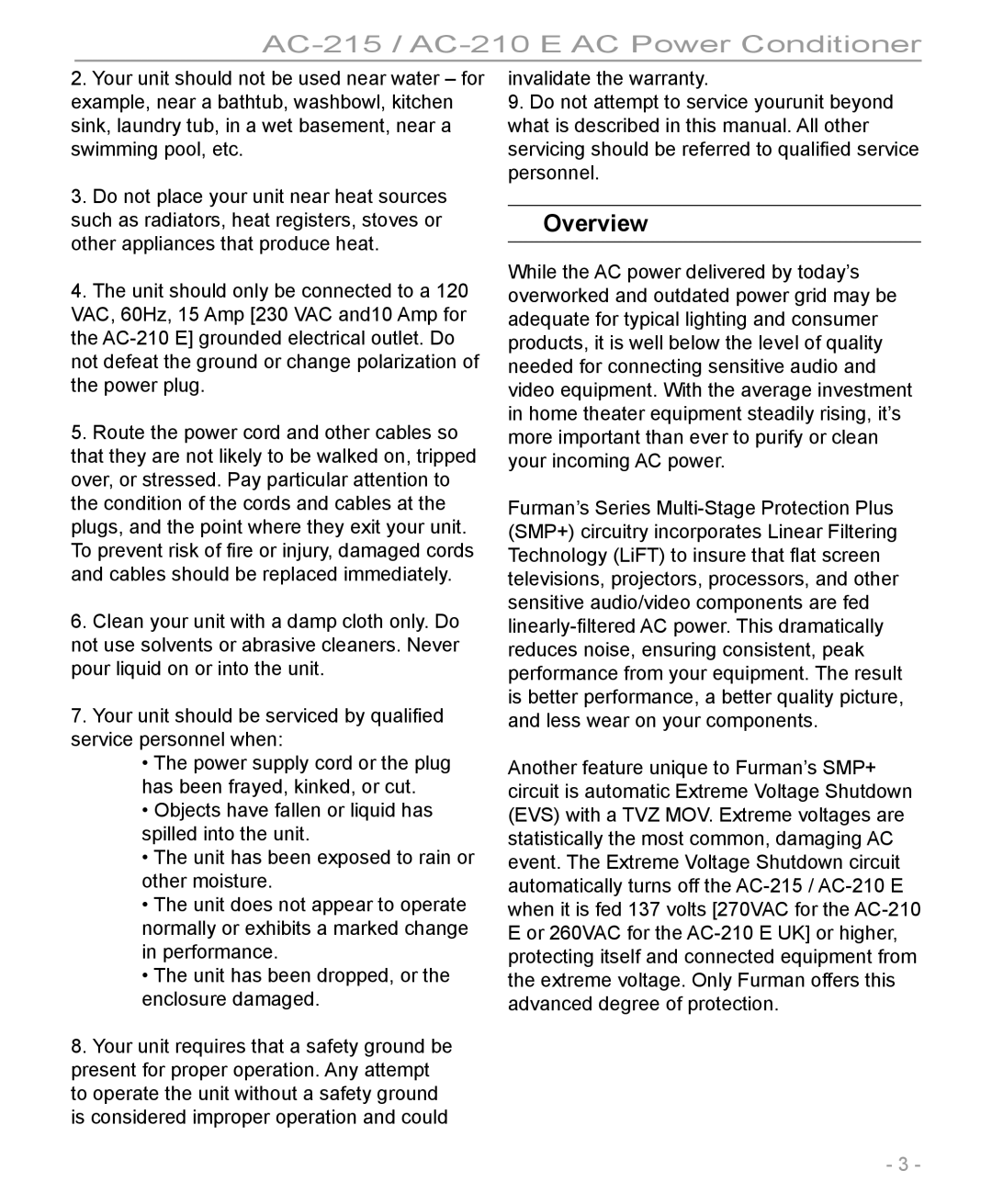 Furman Sound AC-215, AC-210 E manual Overview 